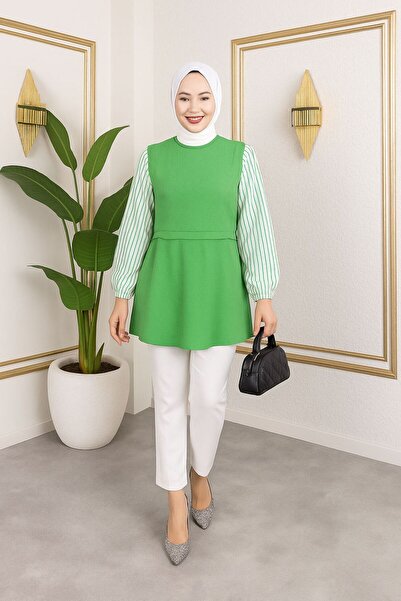 sd butique Yeşil Kolsuz Bluz Takım – Çizgili Gömlek Detaylı, Peplum Kesim, Te...
