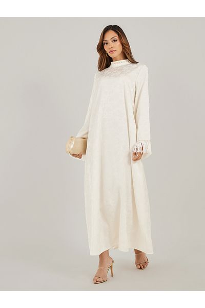 Styli Jacquard Stand Collared Jalabiya with Tassel Trim