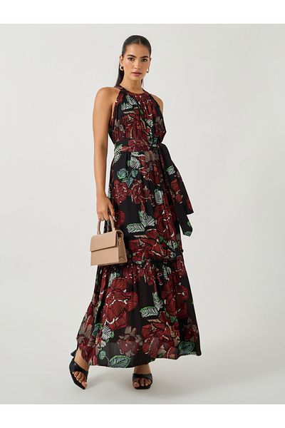 Styli All Over Print Halter Neck A-Line Maxi Dress