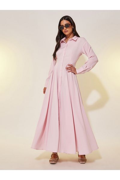 Styli Solid Long Sleeve Shirt Maxi Dress