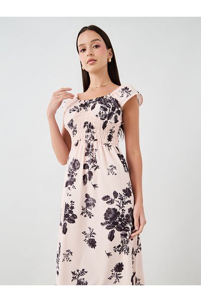 Styli Floral Print Smocked Details Maxi Dress