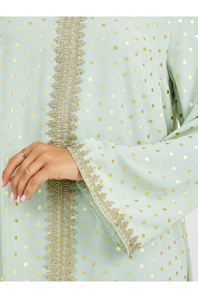Keenly By Styli Foil Polka Dot Print Lace Insert Long Sleeve Jalabiya