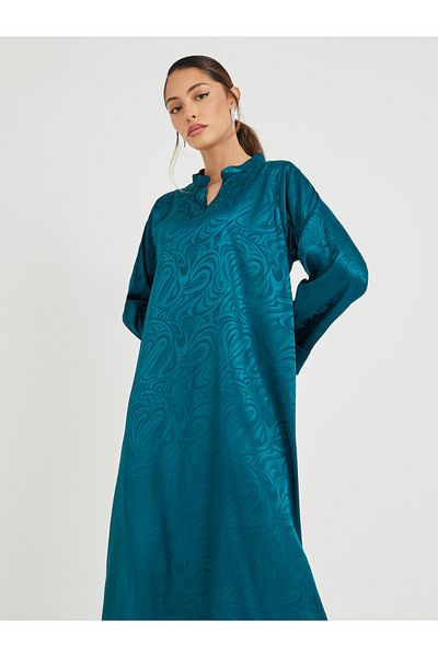 Styli Satin Jacquard Collared Jalabiya with Folded Cuffs