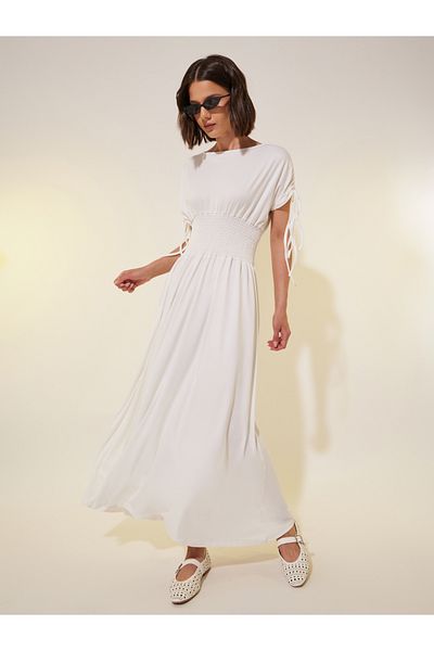 Styli Solid Ruched Sleeves A-Line Maxi Dress with Smocked Waist