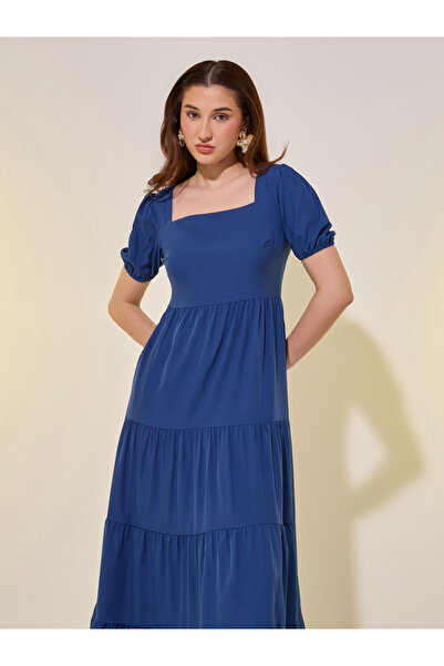 Styli Embroidered Detail Puff Sleeves Tiered Maxi Dress