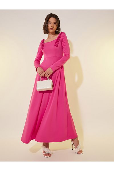 Styli Solid Long Sleeves A-Line Maxi Dress with Corsage Detail