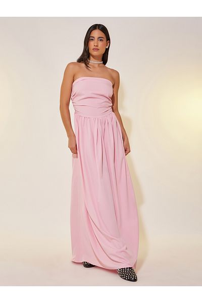 Styli Solid Bandeau Neck A-Line Midi Dress
