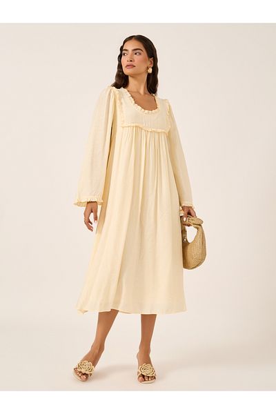 Styli Plain Ruffle Trim Long Sleeves Shift Midi Dress