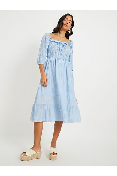 Styli Texture Square Collar Ruffle Trim Midi Dress