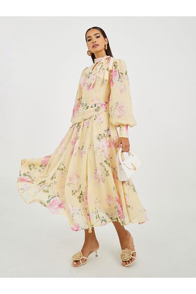 Styli Floral Print Balloon Sleeves A-Line Midi Dress