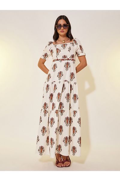 Styli All-Over Printed Short Sleeves Tiered Maxi Dress