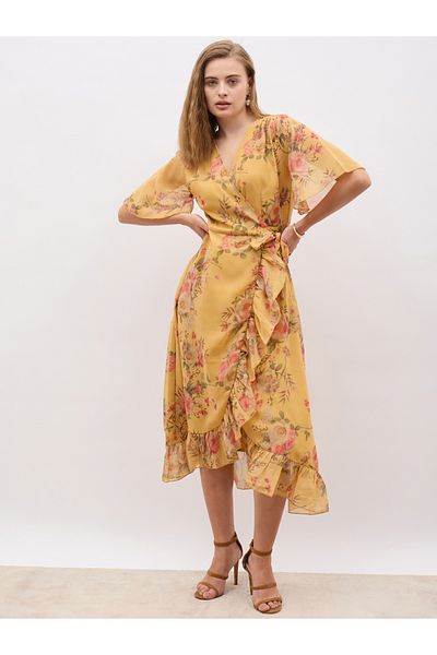 Styli Floral Print V-Neck Wrap Midi Dress
