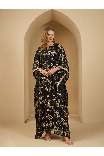 Styli All-Over Floral Foil Print Dobby Chiffon Kaftan with Inner Dress