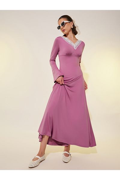 Styli Solid V Neck A-Line Maxi Dress with Lace Trim