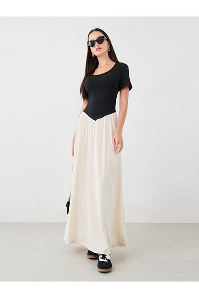 Styli Solid Two Tone Wide Neck Maxi Dress