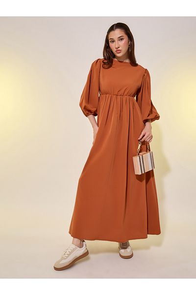 Styli Solid Balloon Sleeves Back Tie A-Line Midi Dress