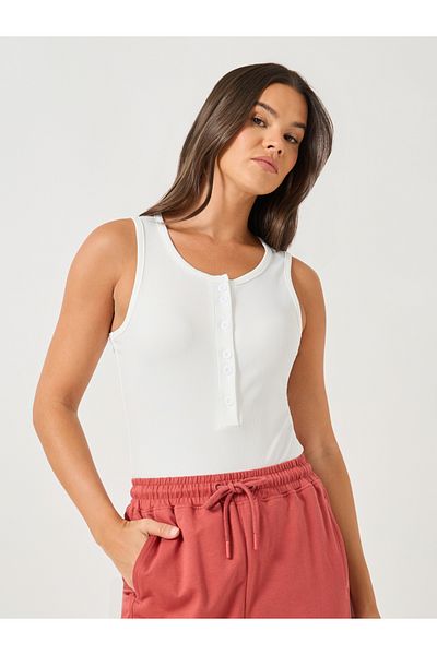 Styli Ribbed Button Front Sleeveless Jersey Bodysuit