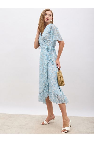 Styli Floral Print V Neck Wrap Midi Dress with Ruffle Hem