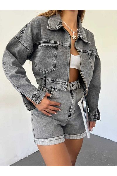 Zeliza Butik Zippered Crop Jeans Jacket