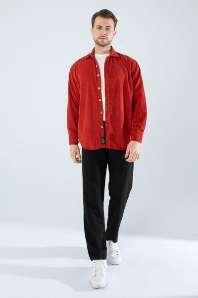 a02teks Men's Shirt Cotton Velvet Corded Fabric Soft Comfortable Long Sleeve Men's Shirt