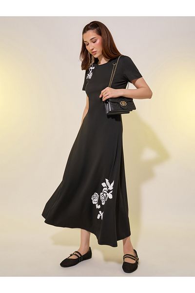 Styli Floral Print Short Sleeves A-Line Midi Dress