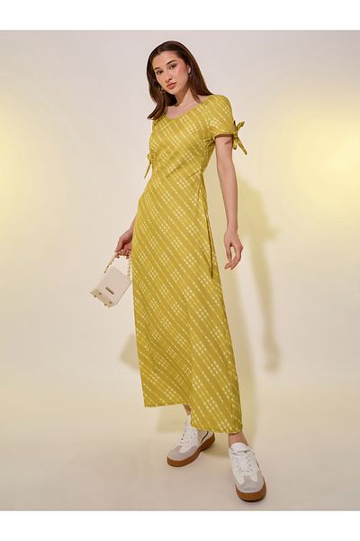 Styli Striped Tie-Up Sleeve Cuff Midi Dress