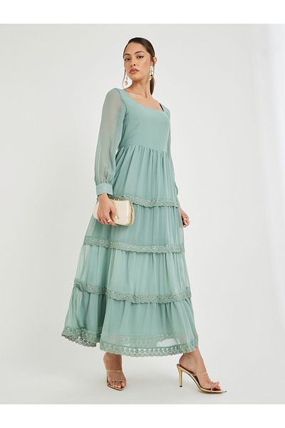 Styli Plain Lace Detail Long Sleeves Tiered Maxi Dress