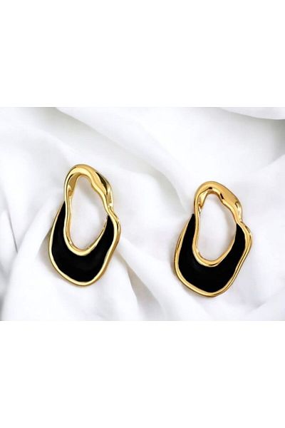 HISCOSMETIC Women's Asymmetrical Gold Gold Color and Black Detailed Enamel Earrings