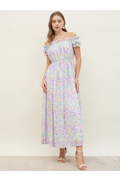 Styli Floral Printed Off Shoulder Midi Dress