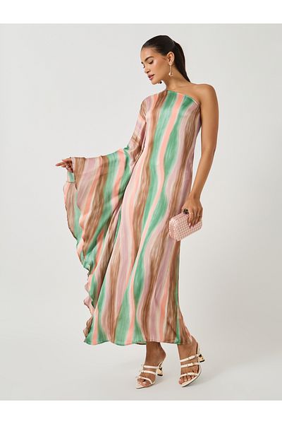 Styli Tie and Dye Print One Shoulder Neck Kaftan Maxi Dress