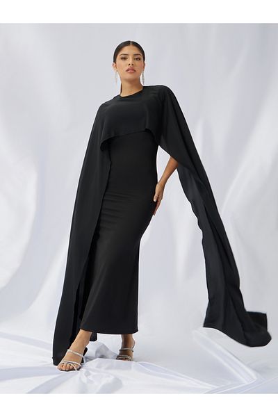 Styli Solid Cape Sleeve Cape Maxi Dress