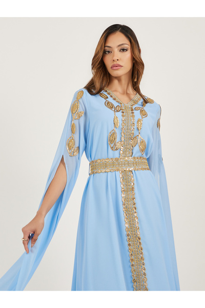 Styli Lace Trim Slit Sleeves V Neck Kaftan