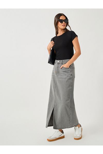 Styli Whiskered Denim A-Line Midi Skirt with Front Slit
