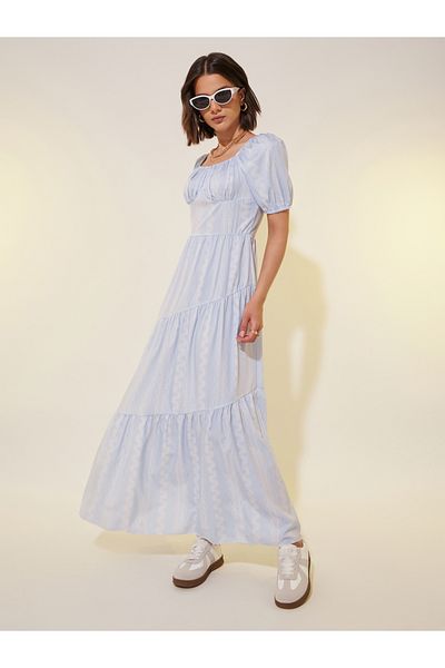 Styli All Over Print Puff Sleeves Tiered Maxi Dress
