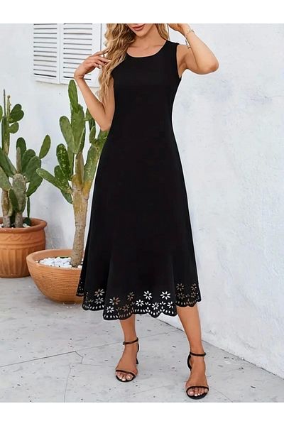 Modayakamoz Mra Fashion Women's Sleeveless Hem Laser Cut Flower Pattern Midi Length Janjan Crepe Dress