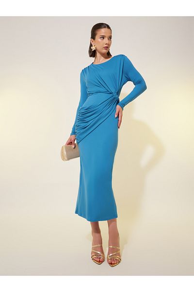 Styli Solid Long Sleeves Ruched Waist Sheath Midi Dress