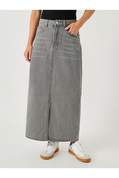 Styli Whiskered Denim A-Line Midi Skirt with Front Slit