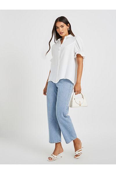 Styli Puff Sleeve Linen Curved Hem Shirt