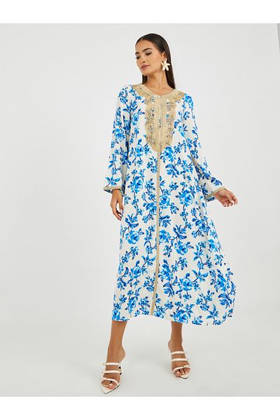 Keenly By Styli Embroidered Lace Details Floral Print A-Line Jalabiya
