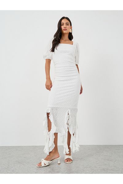 Styli Self Design Ruffled Asymmetric Hem Sheath Midi Dress