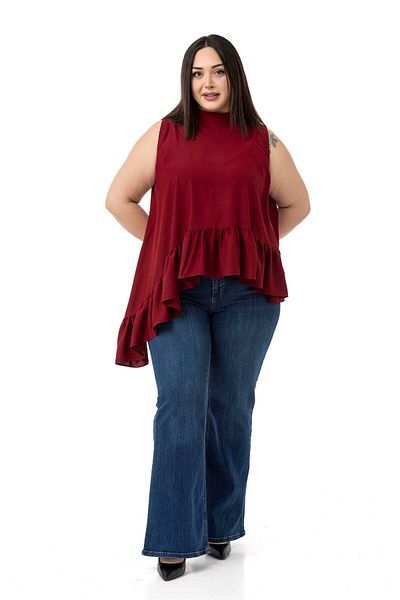 DISENTIS MODEST Large Size Asymmetrical Cut Skirt Ruffled Half Standing Collar Burgundy Blouse