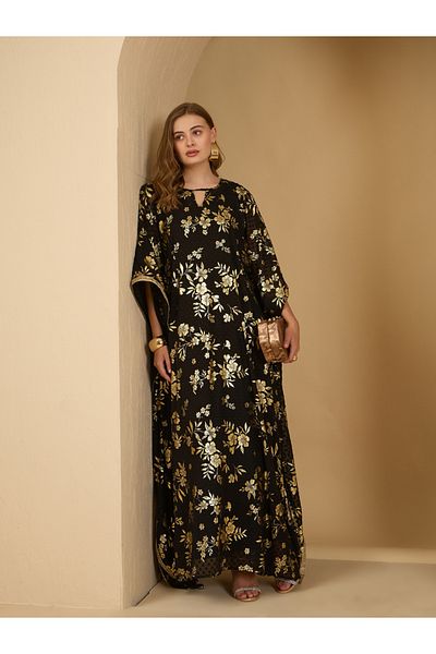 Styli All-Over Floral Foil Print Dobby Chiffon Kaftan with Inner Dress
