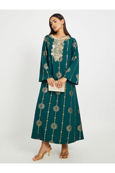 Keenly By Styli Printed Lace Detail Long Sleeve A-Line Jalabiya