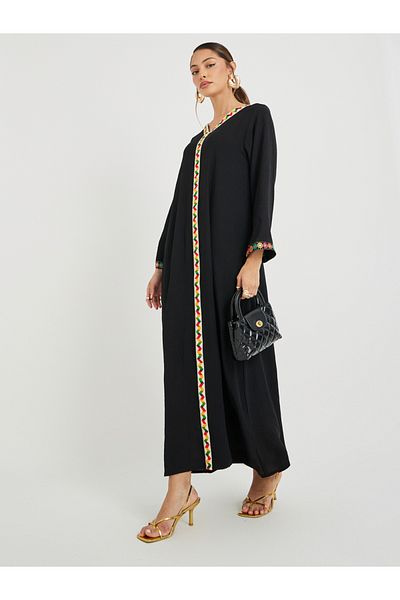Styli Mirror Work Lace Trim V Neck Jalabiya