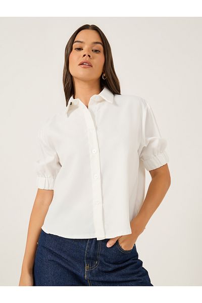 Styli Solid Puff Sleeve Boxy Fit Spread Collar Shirt