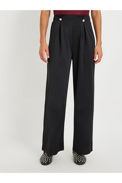 Styli Solid Waist Button Detail Wide Leg Trousers
