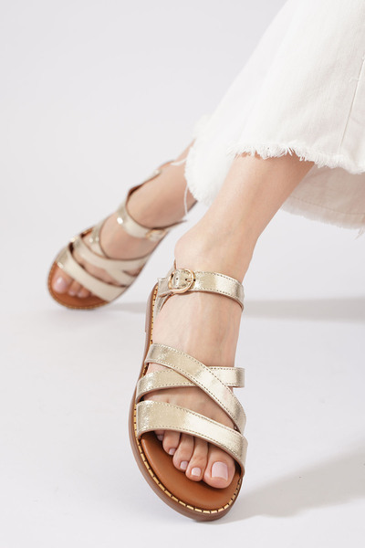 Himushe Desire Cross Strap Women's Genuine Leather Sandals Gold