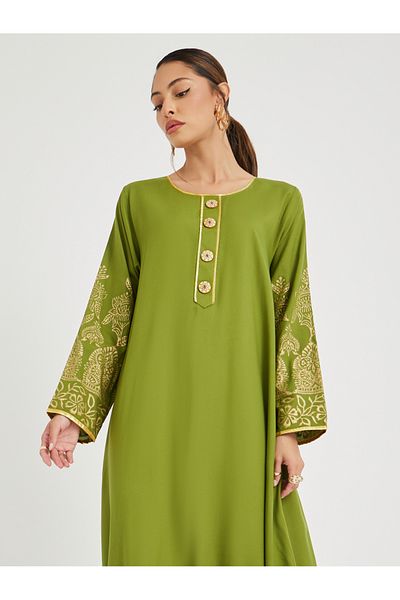 Maxim Creation By Styli Foil Block Print Round Neck Jalabiya with Button Detail