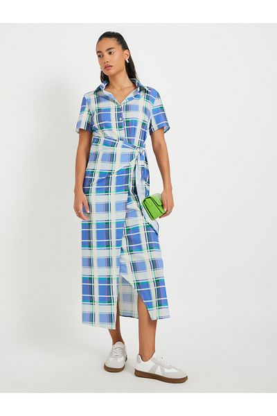 Styli Checked Print Short Sleeve Shirt Midi Dress