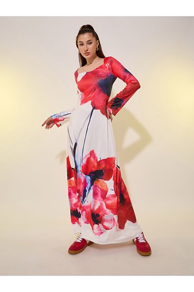 Styli Floral Print Long Sleeves A-Line Maxi Dress